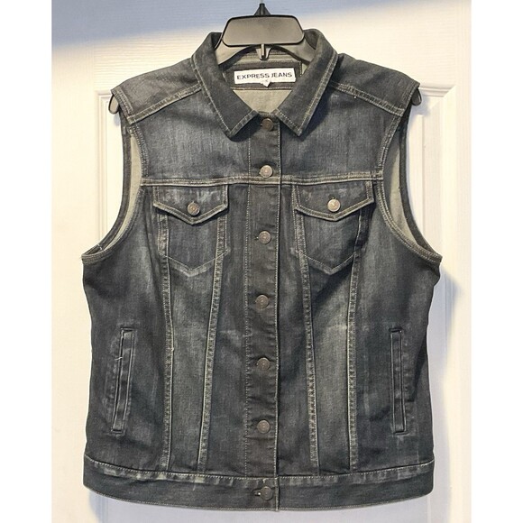 Express Women’s Denim Sleeveless Vest Button-Up with Pockets, Size L - Picture 1 of 6